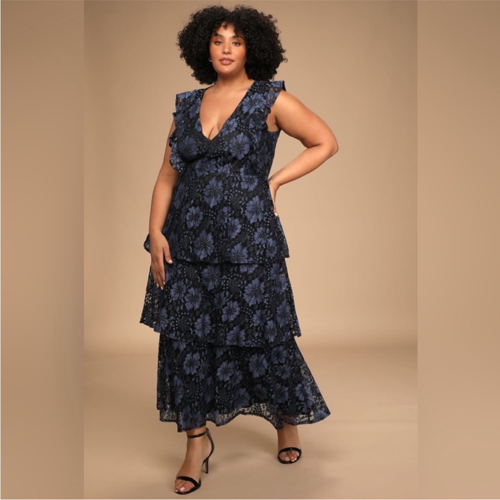 Lulu’s • Molinetto Navy Blue ruffled Lacey tiered maxi dress • XL